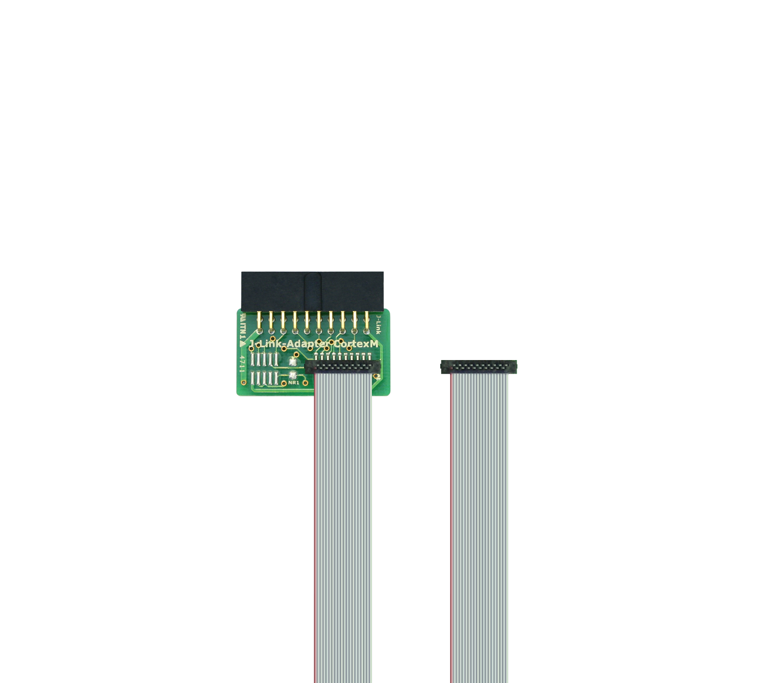 A printed circuit board connector is shown on the left, featuring multiple metal pins. Attached to the connector is a flat ribbon cable, which leads to a smaller connector on the right. The background is plain white.